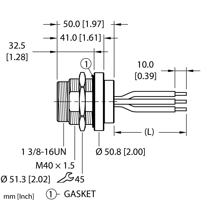 Turck 1-3/8" Power Receptacle; Male; 3-Pin; 3 x 10AWG; Rear Mount; 15 - 30A; 600VAC; 0.5m Lead Wire